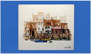 Alex Edwards Oil on Canvas Titled Town - Quay. Painted in the modern style, with house front