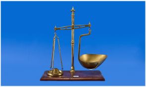 Set Brass Shop Toffee Scales On Mahogany Base, with 5 brass weights. Size 20 inches high. Circa