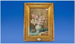 Victorian Watercolour of a Chinese Vase and Flowers. Signed with a monogram. Dated 1865. Gilt frame