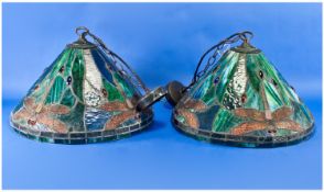 Tiffany Style Pair Of Good Quality Leaded Glass Shades In Dragon Fly Pattern, tapering cone shape.