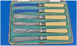 Walker and Hall Silver Banded Boxed Set of Six Butter Knives. Hallmark Sheffield 1930.