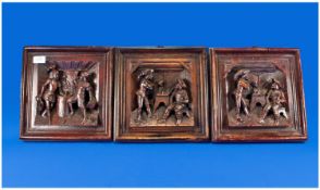 Set of Three Composition Wood Finished Wall Plaques, depicting German/Dutch Tavern scenes. Size 11