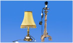 Two Modern Lamps, one with brass stem and yellow shade, 20 inches in height. Another candle stick