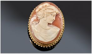 9ct Gold Cameo Brooch, depicting a Classical female head in profile, signed indistinctly to back,
