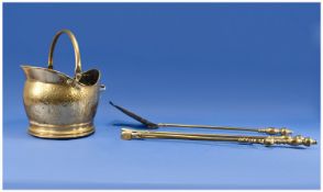 Brass Coal Scuttle with Swing Handle, together with a 3 piece fire iron set.