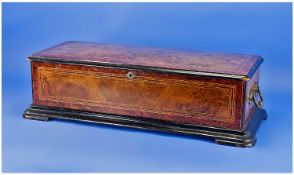 A Victorian Fine Walnut Veneered Large Two Handled Hinged Music Box, with string inlay to cover and