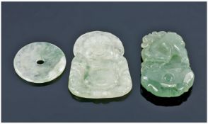 Collection Of Three Jadeite Stone Carved Pendants. Largest 33 x 24mm