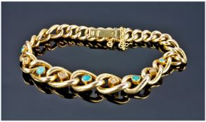 9ct Gold Curb Link Bracelet, The Front Set With Turquoise And Pearls. Stamped 9ct. Early 20thC