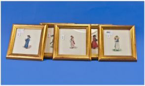 Set Of Five Character Pictures On cloth. Kate Greenaway, style of children, in gilt frames. 7