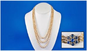 Very Fine Victorian 3 Strand Pearl Necklace with diamond and sapphire. Clasp set in high carat