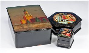Three Russian Black Lacquered Boxes, All Signed In Cyrillic, The Largest 5 x 3½ Inches Dated 1968.