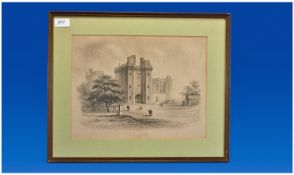 Small Pencil Drawing Of Lancaster Castle, with elegant figures strolling in the park. Signed, E.C.