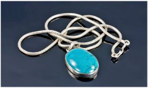 Silver Turquoise Set Pendant, Suspended On A Heavy Snake Link Chain.