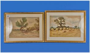 R.A. Gardner. Pair of Watercolours, Farm Scenes. One with haystacks in a field and other with hay