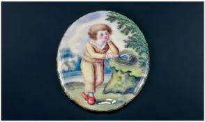 Birmingham Or Bilston Enamelled Oval Plaque, Image Of A Young Boy Beside A Birds Nest/Eggs. 61 x