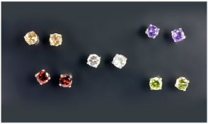 Collection of Five Pairs of Stud Earrings comprising Amethyst, Citrine, White Topaz, Peridot and
