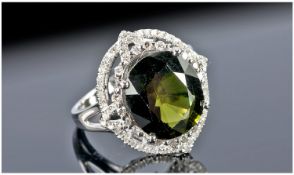 14ct White Gold Tourmaline And Diamond Ring, Central Oval Cut Green Tourmaline, Approx 5.75cts,