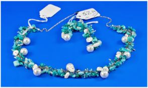 Long Drop Russian Amazonite, Turquoise, Apatite, Mother-of-Pearl and Glass Pearl Earrings and