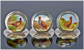 Sampson Mordan & Co; Three Edwardian Silver And Enamel Game Bird Menu Holders Of Sprung Double-Disc