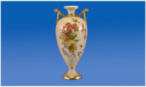 Royal Worcester Blush Ivory Hand Painted Two Handled Vase. Stillife flowers and gilt border. Date