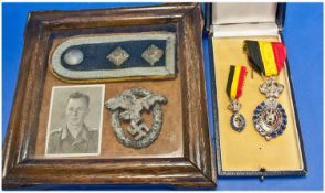 Nazi Luftwaffe Insignia with Photo of the Pilot, framed and glazed, together with cased Belgian