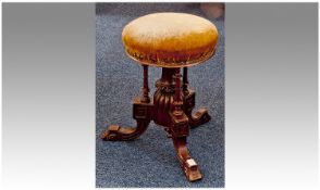 Mid Victorian Tripod Piano Stool With Carved And Turned Supports,  With Circular Revolving Stuffed