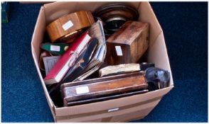 Box Of Misc Oddments And Collectables, Comprising Leather Holders, Copper Jugs, Pewter, Boxes etc