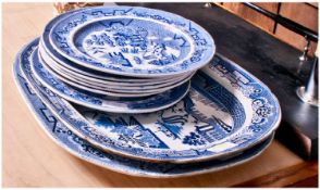 19thC Blue & White Willow Ware, Comprising Two Large Meat Plates And 7 Dinner Plates.