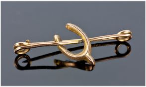 Victorian Miniature 9ct Gold Wishbone Brooch, with original box. 1.25 inches wide.