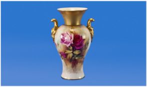 Royal Worcester Fine Hand Painted Two Handle Vase. Still life `roses`, signed J.F. Bray. Date 1913,