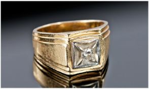 Gents 14ct Gold Signet Ring, Set With A Small Round Cut Diamond, Ring Size U.