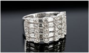 18ct White Gold Diamond Ring, Set With Five Rows Of Alternating Round Brilliant And Baguette Cut