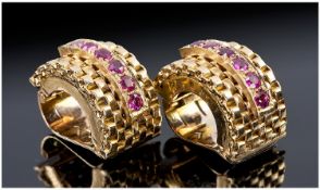 9ct Gold Half Hoop Clip On Earrings, Each With A Central Applied Row Of Six Ruby Coloured Stones,
