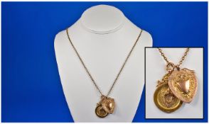 9ct Gold Fobs/Medals (2) Fitted On A 9ct Gold Long Chain. Fully hallmarked. Chain length 22 inches.