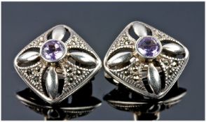 Silver Amethyst Set Clip On Earrings