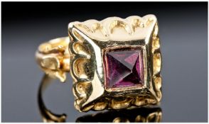 Continental High Carat Gold Amethyst Set Ring, Square Setting Moulded Edge With Fleur De Lys Style