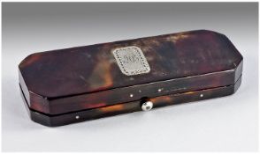 19thC Tortoise Shell Patch Box, With Hinged Lid, Silver Mounts. 85 x 32mm, Surface Scratches And