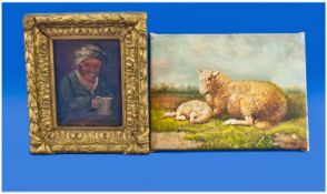 2 Small Oil Paintings. One on a wooden board in a gilt frame, primitive, depicting a man drinking,