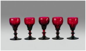 Rare Set of 5 Miniature Amethyst Bristol Liqueur Wine Glasses, with a tapered tulip shaped bowl on