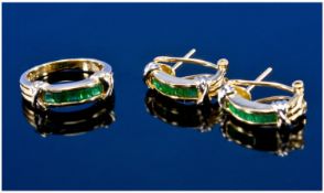 14ct Gold Emerald Hoop Earrings, And Matching Ring, All Channel Set With Five Emeralds Between