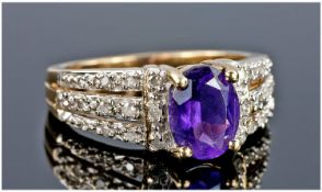 9ct Gold Diamond Dress Ring, Set With a Central Oval Amethyst Set Between Three Rows Of Diamonds,
