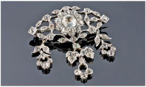 French Silver Paste Set Brooch, Floral Design With Three Drops, 48 x 44mm, French Hallmarks To