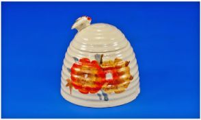 Clarice Cliff Lidded Beehive Preserve Pot. `Rhodanthe` pattern. Circa 1934. 3.5 inches high.