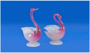 Murano Style Pair Of Unusual Soda Type Glass Swans, with a vivid pink colour terminating on opaque