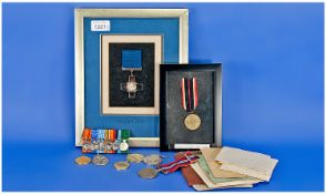 Military Interest, Comprising Two WW2 Medals Two Framed Medals, Reproduction George Cross And A WW2