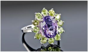 Amethyst And Peridot Dress Ring, Set In Silver, Rhodium Plated. Amethyst Approx 5.00ct Stamped 925,