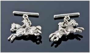 Pair Of Gents Of Silver Cufflinks, Modelled In The Form Of Horse And Rider, Complete With Box.