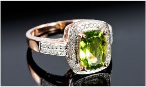 14ct Rose Gold Peridot And Diamond Ring, Central Cushion Cut Peridot, Approx 3.20cts,  Surrounded