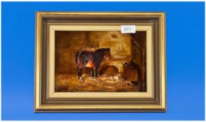 J. Child. Oil on Canvas. Stable Scene with Horse, a dog barking at two cats. Signed, size 6 by 9.5
