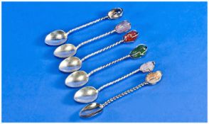 A Set of Six Brazilian Silver and Semi-Precious Gem Set Coffee Spoons. Each with a Leaf Shaped Bowl